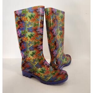 Autism Awareness Red Multi Color Tall Rainboot Puzzle Pieces Womens 7 FLAWED
